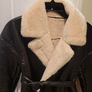 SHEIN Black Faux Leather Jacket with Cream Teddy Collar